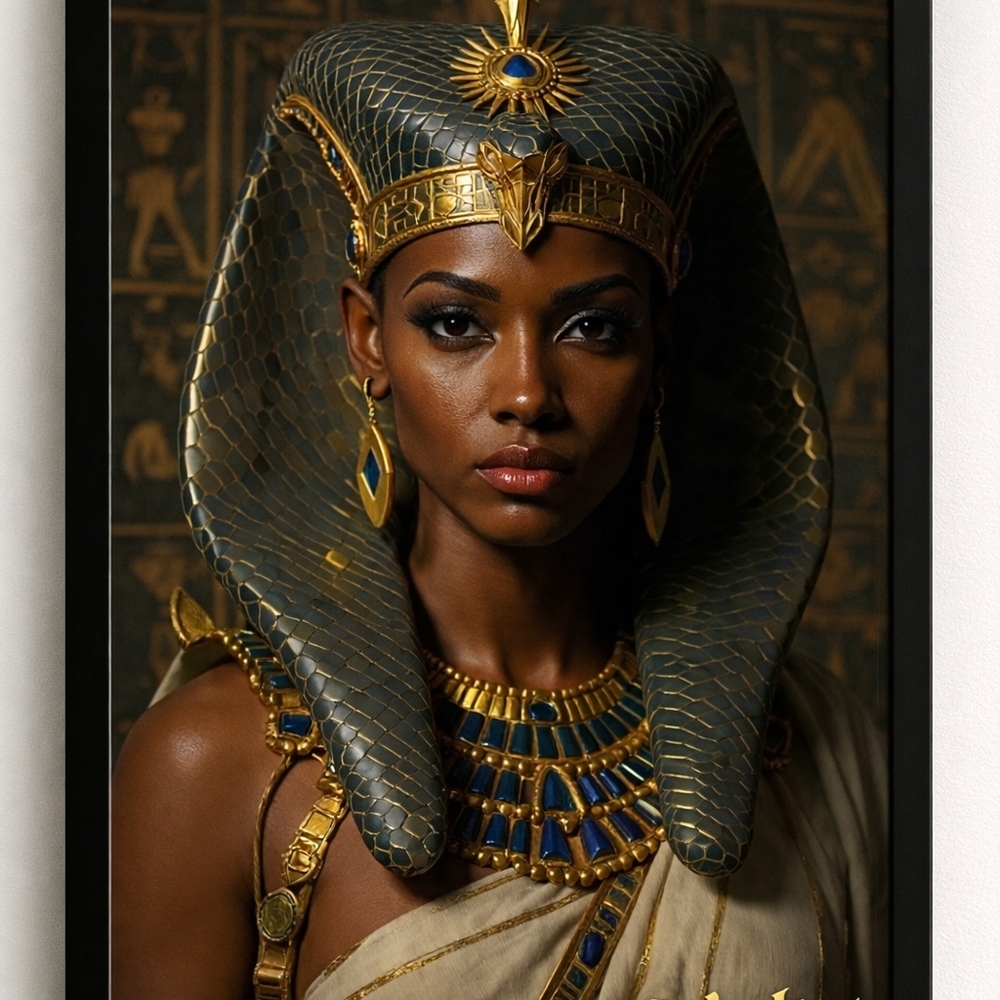 Egyptian Queen Costume with Gold and Blue Accents In A Glass Front Frame 8x10